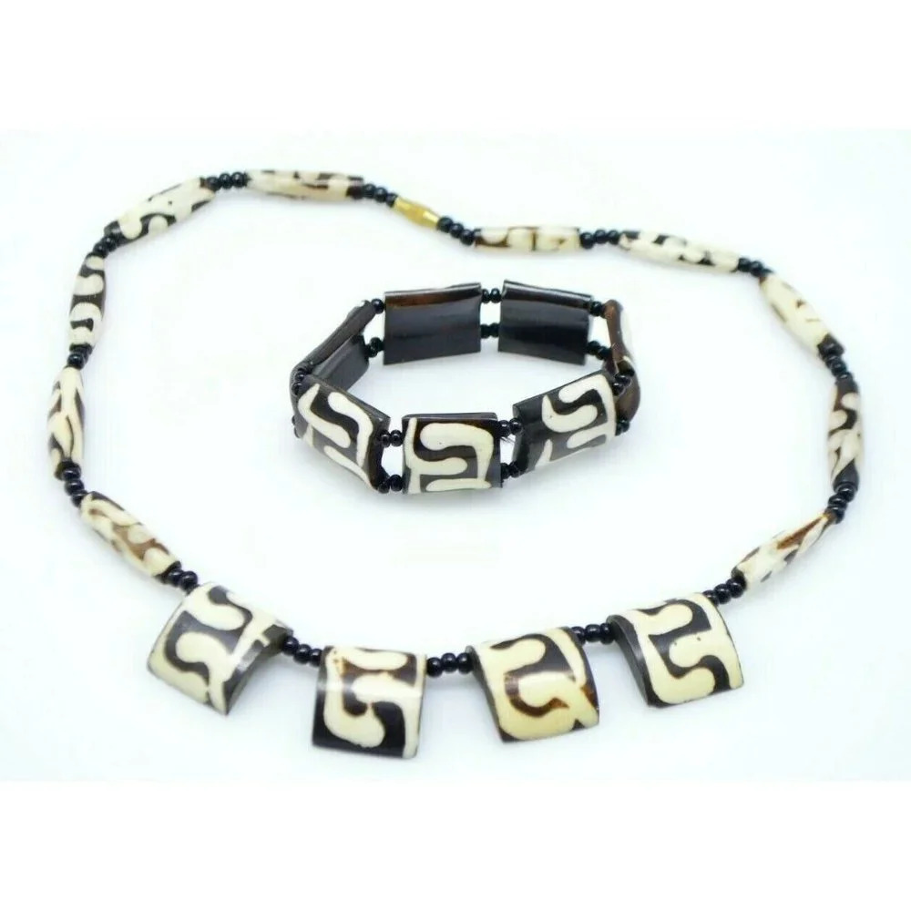 African Brown Beige Bovine Bone Choker Necklace Set